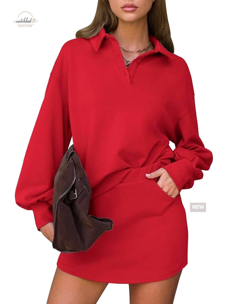 Long Sleeve Polo Sweatshirt & Skort Set, Lightweight Workout Outfit, X-Large